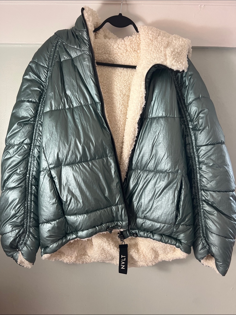 Metallic Green Sherpa-Lined Puffer Jacket